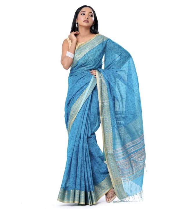 Blue all-over printed Cotton saree with zari paar.