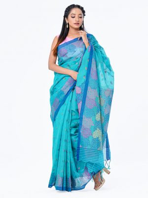 Turquoise Green Cotton Saree