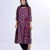 Plum all-over printed Salwar Kameez in Viscose fabric. The Kameez is designed with a round neck and three-quarter sleeves. Embellished with embroidery at the front and gathers from the waistline. Complemented by culottes pants and printed chiffon dupatta.