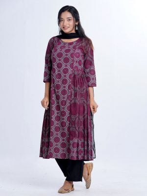 Plum all-over printed Salwar Kameez in Viscose fabric. The Kameez is designed with a round neck and three-quarter sleeves. Embellished with embroidery at the front and gathers from the waistline. Complemented by culottes pants and printed chiffon dupatta.