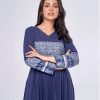 Navy Blue wrap style angrakha style Kameez in Georgette fabric. Designed with a V-neck and full sleeves. Embellished with embroidery at the top front and cuffs. Pleats from the waistline. Single button opening at the back. Unlined.