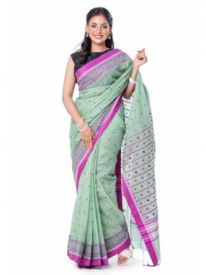 Mint Green all-over print Cotton Saree with Pink border. Embellished with karchupi on the achal