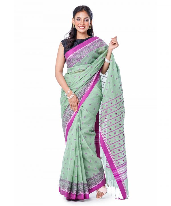 Mint Green all-over print Cotton Saree with Pink border. Embellished with karchupi on the achal