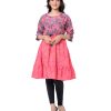 Pink all-over printed patterned A-line Tunic in Georgette fabric. Designed with a round neck and cinched cuff three-quarter sleeves. Embellished with karchupi at the top front. Featuring adjustable tasseled waist cords at the front and spliced gather hemline. Viscose lining in half-body. Single button opening at the back.