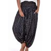 Black all-over printed Harem pants in Viscose fabric. Designed with smoked waistline with adjustable tasseled waist cords.