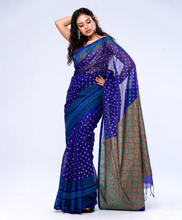 Blue all-over printed Cotton Saree with matching border.