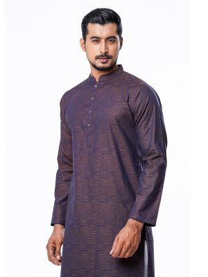 Brown fitted Panjabi in Jacquard Cotton fabric. Designed with a mandarin collar and matching metal button on the placket.