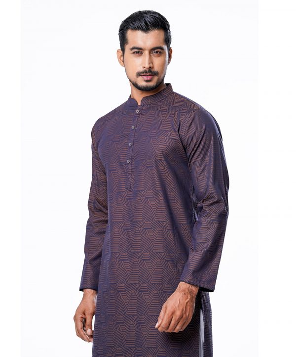 Brown fitted Panjabi in Jacquard Cotton fabric. Designed with a mandarin collar and matching metal button on the placket.