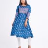Blue all-over printed A-line Tunic in textured Silk-blend fabric. Designed with a round neck and three-quarter sleeves. Embellished with karchupi at the top front and cuffs. Viscose lining in half-body. Single button opening at the back.