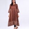 Brown all-over printed A-line Tunic in Crepe fabric. Designed with a round neck and bell sleeves. Embellished with wave tucks at the top front and gathers from the waistline. Unlined.