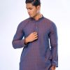 Blue fitted Panjabi in Jacquard Cotton fabric. Designed with minimal karchupi on the collar and placket.