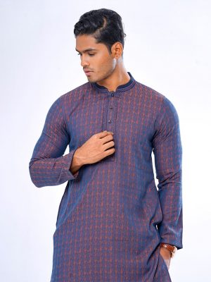 Blue fitted Panjabi in Jacquard Cotton fabric. Designed with minimal karchupi on the collar and placket.