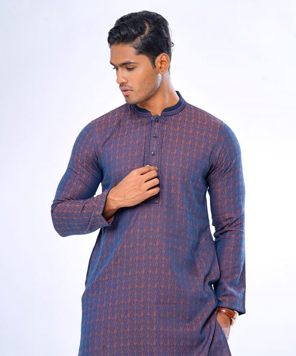 Blue fitted Panjabi in Jacquard Cotton fabric. Designed with minimal karchupi on the collar and placket.