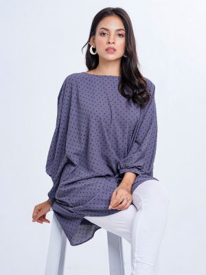 Gray all-over printed abaya style Tunic in Georgette fabric. Designed with a round neck and batwing dolman sleeves. Single button opening at the back. Unlined.