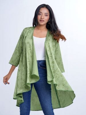 Green all-over printed Shrug in Crepe fabric. Designed with three-quarter sleeves and high-low hemline.