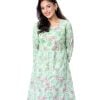 Green all-over printed A-line Tunic in Viscose fabric. Designed with a round neck and three-quarter sleeves. Embellished with embroidery at the front and cuffs. Gathers from the waistline. Single button opening at the back.