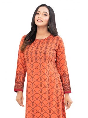 Orange all-over printed straight-cut Kameez in Viscose fabric. Designed with a round neck and long sleeves. Embellished with karchupi at the top front. Single button opening at the back.