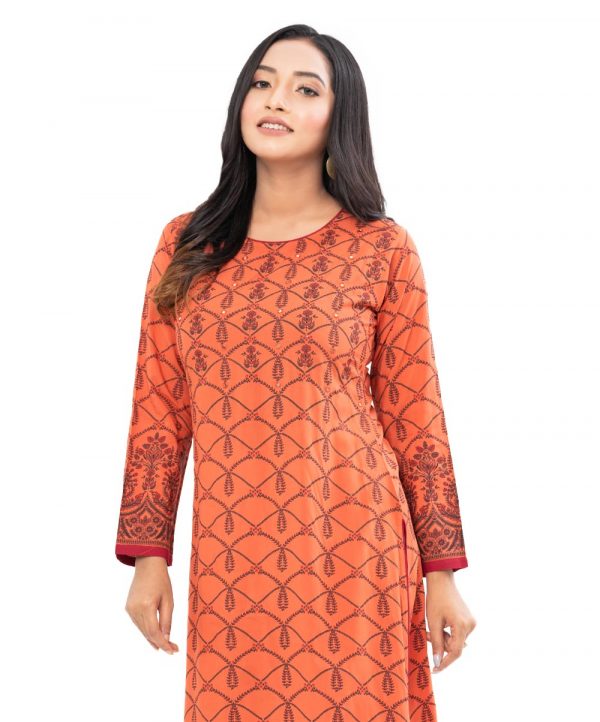 Orange all-over printed straight-cut Kameez in Viscose fabric. Designed with a round neck and long sleeves. Embellished with karchupi at the top front. Single button opening at the back.