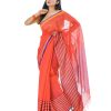 Red Cotton Saree with contrast orange and blue thread woven paar.