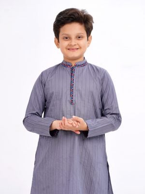 Gray Panjabi in Jacquard Cotton fabric. Designed with a mandarin collar and hidden button placket.