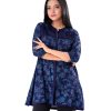 Blue all-over printed A-line ladies Shirt in Viscose fabric. Features a band neck with hook closure at the front and three-quarter sleeves. Designed with wave tucks at the top front. Swing stitches at the cuffs.