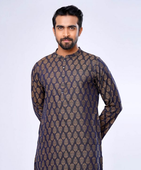 Blue fitted Panjabi in Jacquard Cotton fabric. Designed with a mandarin collar and matching metal buttons on the placket.