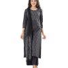 Black all-over printed Salwar Kameez in Viscose fabric. The Kameez is designed with a round neck and three-quarter sleeves. Embellished with embroidery at the front. Complemented by palazzo pants and printed chiffon dupatta.