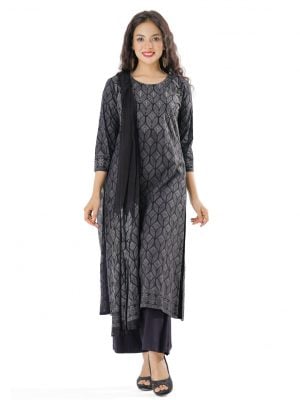 Black all-over printed Salwar Kameez in Viscose fabric. The Kameez is designed with a round neck and three-quarter sleeves. Embellished with embroidery at the front. Complemented by palazzo pants and printed chiffon dupatta.