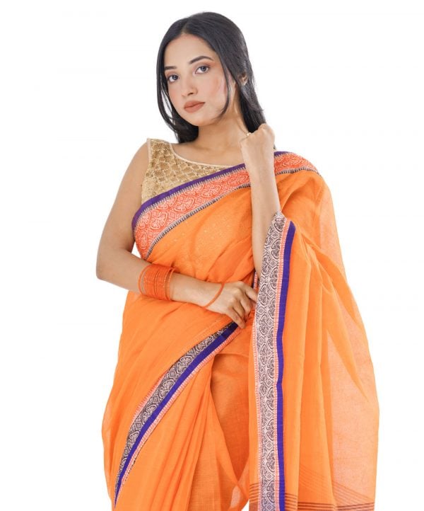 Orange Cotton Saree with matching thread woven paar.