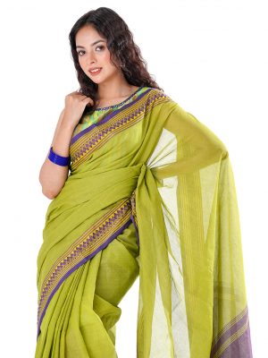 Green Cotton Saree with contrast golden and blue thread woven paar.