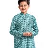 Greenish blue Panjabi in printed Cotton fabric. Designed with a mandarin collar and matching metal buttons on the placket.