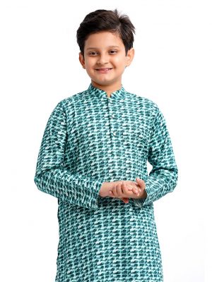 Greenish blue Panjabi in printed Cotton fabric. Designed with a mandarin collar and matching metal buttons on the placket.