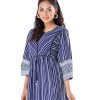 Blue Tunic in printed Georgette fabric. Designed with a round tie-cord neck and three-quarter sleeves. Embellished with lace attachment at the front and gathers from the waistline. Unlined.