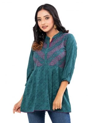 Green all-over printed A-line Top in Georgette fabric. Features a band neck with hook closure at the front and three-quarter sleeves. Pleats from the waistline.