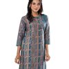 Teal Green all-over printed straight-cut Kameez in Cotton-blend fabric. Features a stylish round neck and three-quarter sleeves. Embellished with embroidery at the top front. Detailed with swing stitches at the cuffs and hemline. Single button opening at the back.