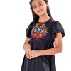 Black A-line Frock in Crepe fabric. Designed with a round neck and butterfly sleeves. Embellished with embroidery at the front. Detailed with extended ruffles around the waistline. Viscose lining in half-body. Zipper closure at the back.