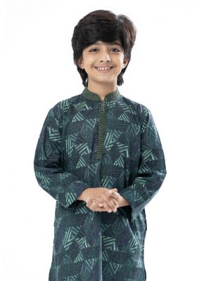 Green Panjabi in printed Cotton fabric. Designed with swing stitches on the collar and hidden button placket.