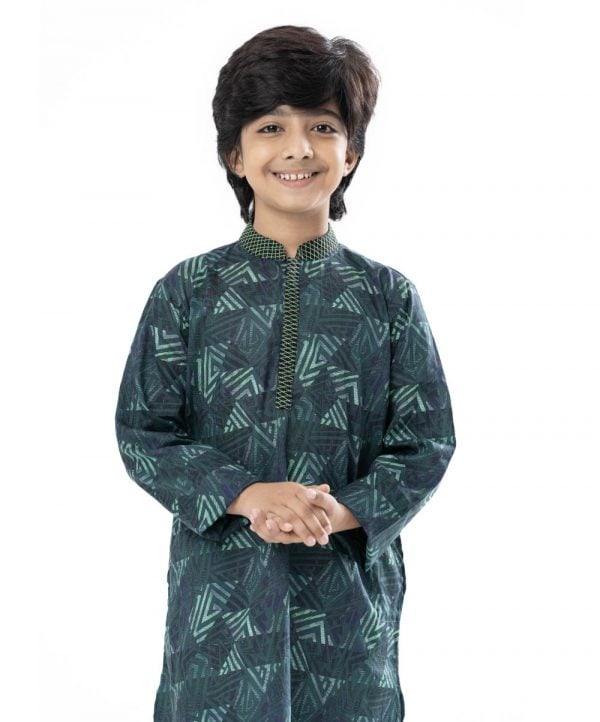 Green Panjabi in printed Cotton fabric. Designed with swing stitches on the collar and hidden button placket.