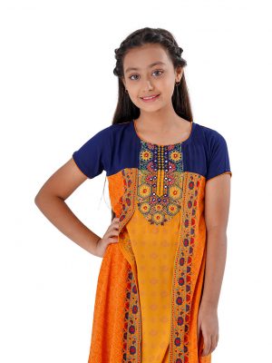 Yellow and Blue all-over printed layered A-line Tunic in Georgette fabric. Designed with a round neck and short Sleeves. Embellished with embroidery at the top front. Single button opening at the back.