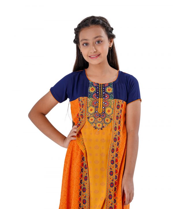 Yellow and Blue all-over printed layered A-line Tunic in Georgette fabric. Designed with a round neck and short Sleeves. Embellished with embroidery at the top front. Single button opening at the back.