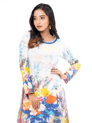 White all-over printed straight-cut Kameez in Viscose fabric. Designed with a stylish round neck and full sleeves. Single button opening at the back.