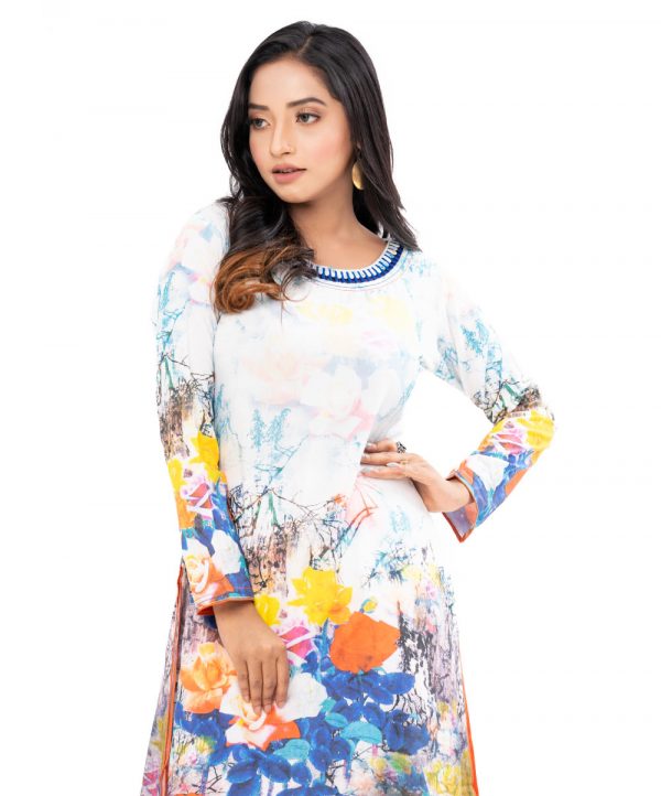White all-over printed straight-cut Kameez in Viscose fabric. Designed with a stylish round neck and full sleeves. Single button opening at the back.
