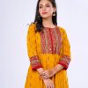 Mustard all-over printed pattern A-line Long Tunic in Viscose fabric. Features a band collar with hook closure at the front and three-quarter sleeves. Embellished with embroidery at the top front. Printed patch attachment at the cuffs.