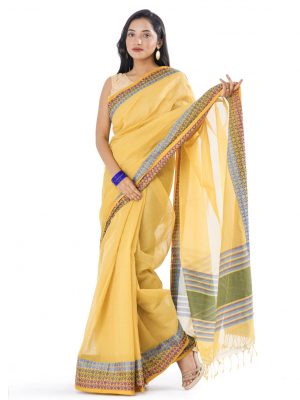Yellow Cotton Saree with contrast thread woven paar.