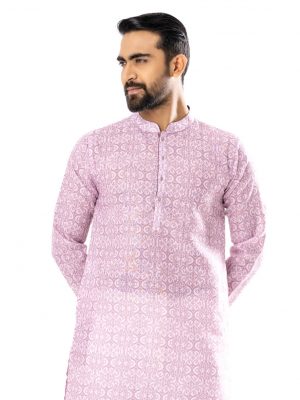Dusty Pink semi-fitted Panjabi in breathable Slab Panjabi. Designed with a mandarin collar and matching metal button on the placket.