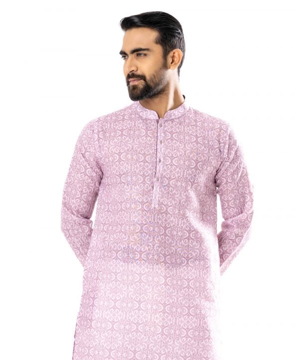 Dusty Pink semi-fitted Panjabi in breathable Slab Panjabi. Designed with a mandarin collar and matching metal button on the placket.