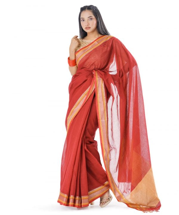 Red Cotton Saree with contrast thread woven paar.