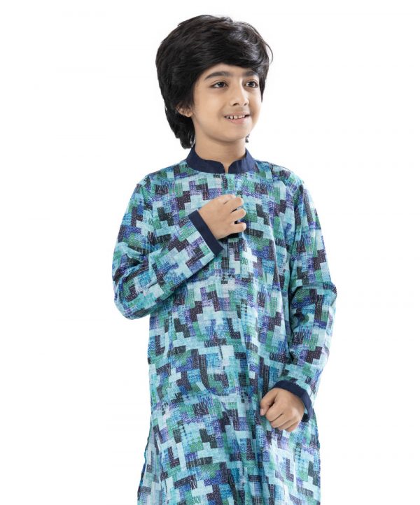 Blue Panjabi in printed Cotton fabric. Designed with a mandarin collar and hidden button placket.