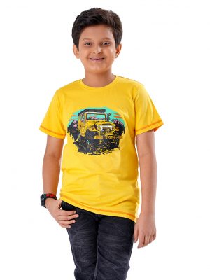 Yellow T-Shirt in Cotton single jersey fabric. Designed with a crew neck, short sleeves, and a vehicle print on the ches