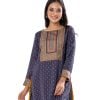 Navy Blue all-over printed straight-cut Kameez in Crepe fabric. Designed with a round neck and three-quarter sleeves. Embellished with karchupi at the top front and cuffs. Unlined.